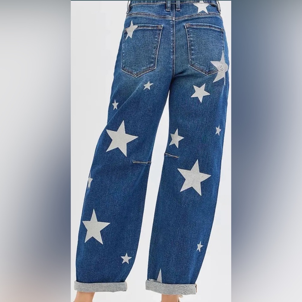 Risen Blue Star Patterned Women's Cropped Barrel Jeans